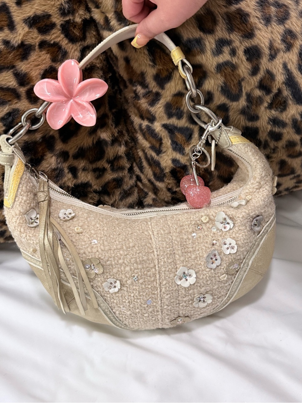 Coach Cream Floral Appliqué Shoulder Bag with Pink Charm